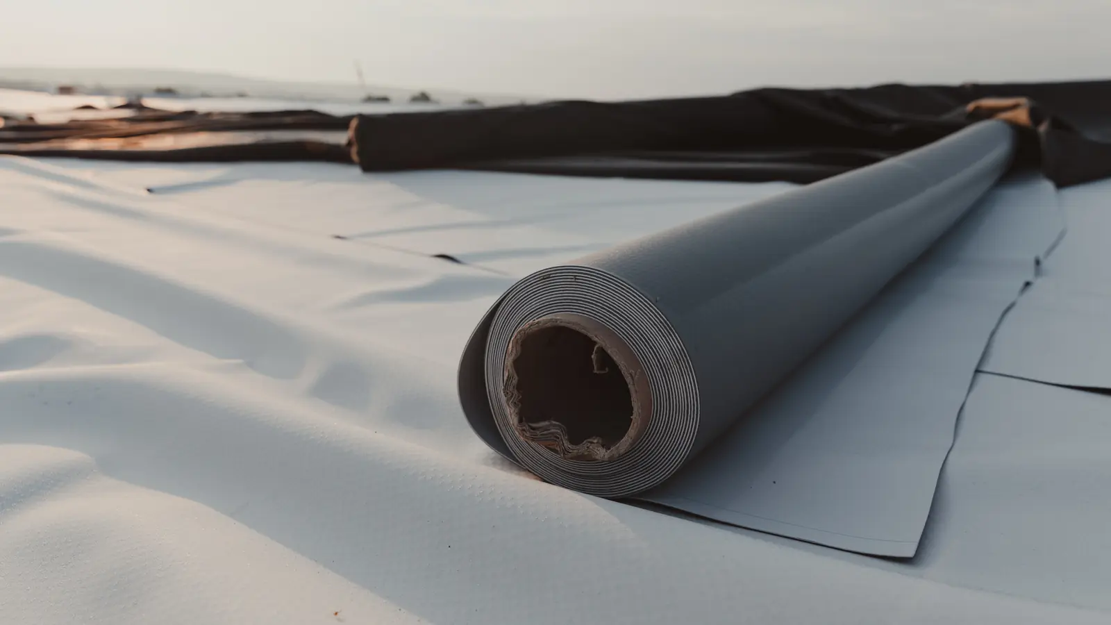 Rubber roofing membrane being rolled out on a flat roof
